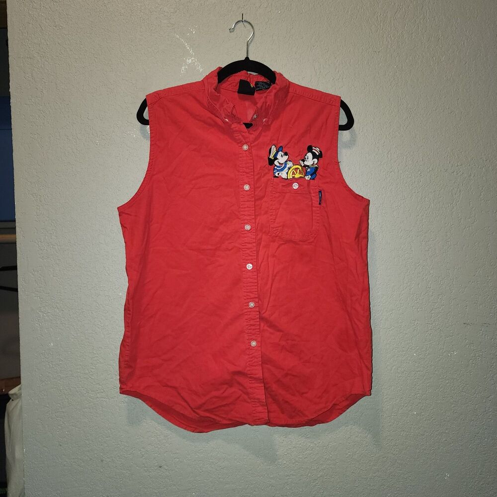 Vintage 1990s Mickey Unlimited Red Sleeveless Button-up shirt | large